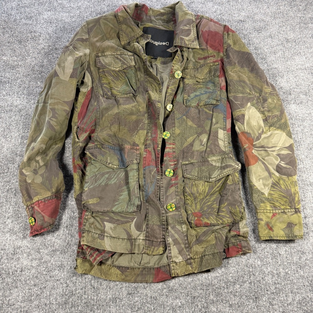 Desigual Tropical Floral Utility Field Jacket Lyocell Green Red Size 36 Gorpcore